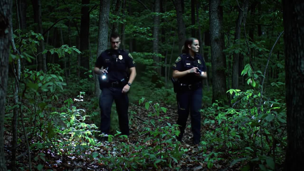 Two police officers navigate a wooded area at night, using flashlights to scan their surroundings for any potential issues or signs of activity during their patrol.