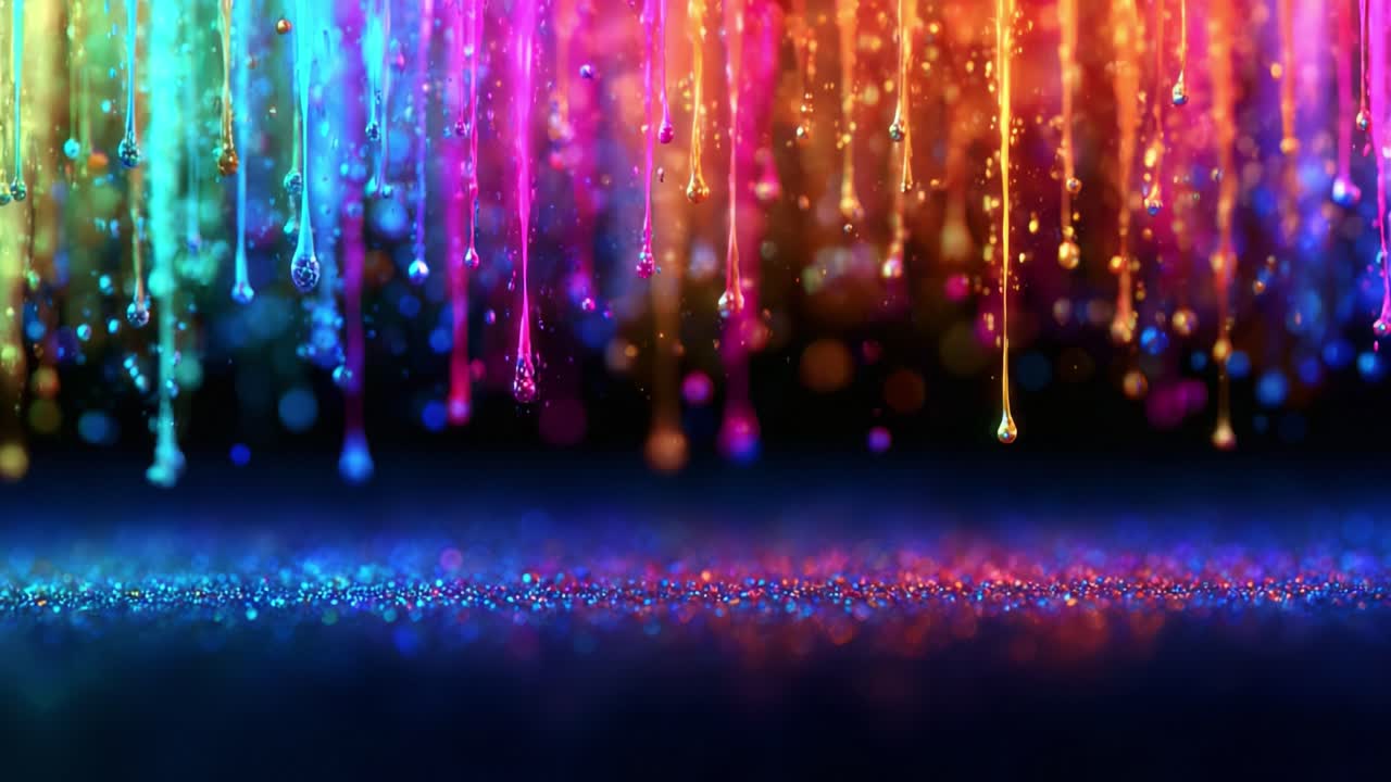 A Captivating Display of Colorful Dripping Liquid Art: A Stunning Transformation from Cascading Drops to Vertical Stripes, Showcasing the Beauty of Fluid Dynamics and Light Reflection