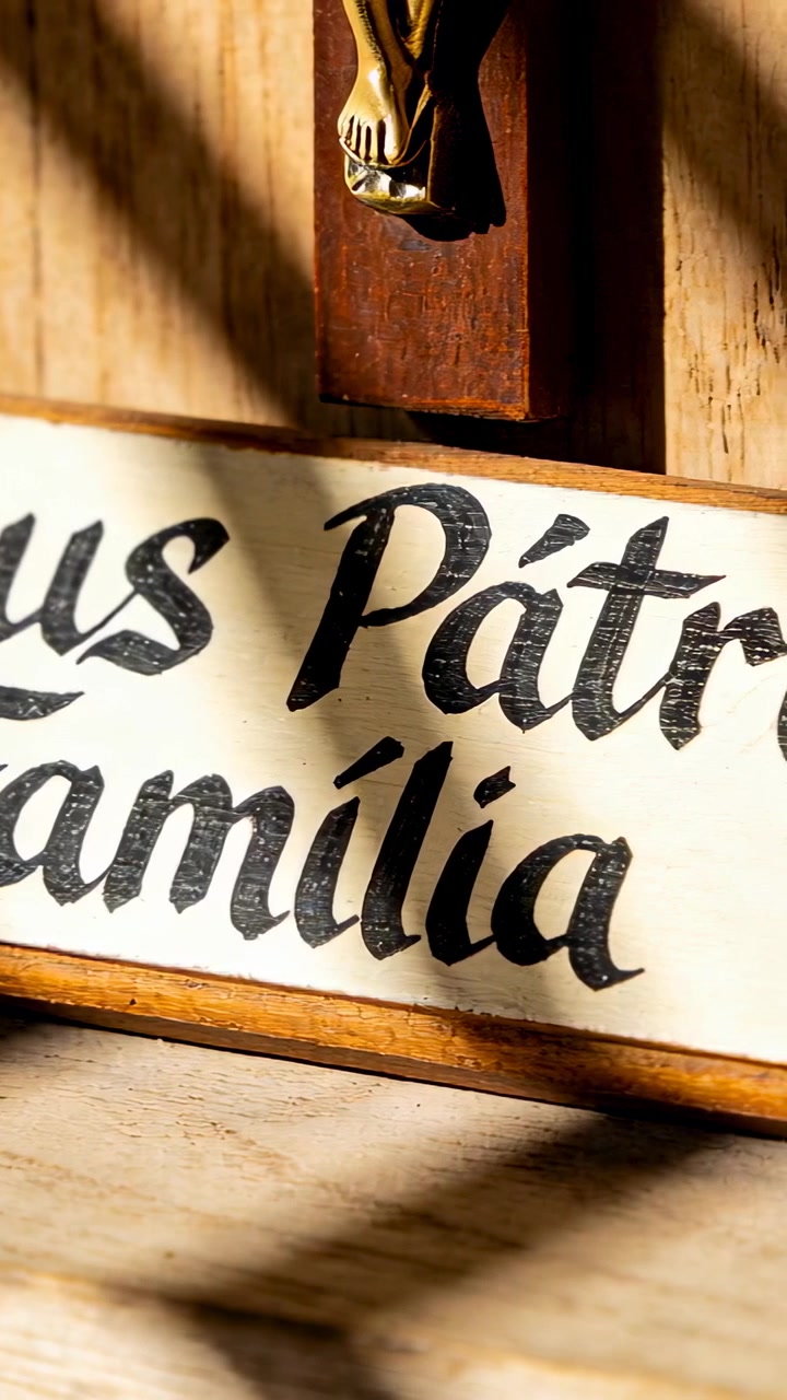 Video verticale: Telecamera che panoramica mostrando un cartello in legno con scritto "Familia" e i piedi di un crocifisso su uno scaffale, con la luce che si muove