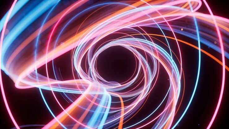 Animation loop starting, rotating luminous spiral tunnel shifting inward in void, with neon ribbons