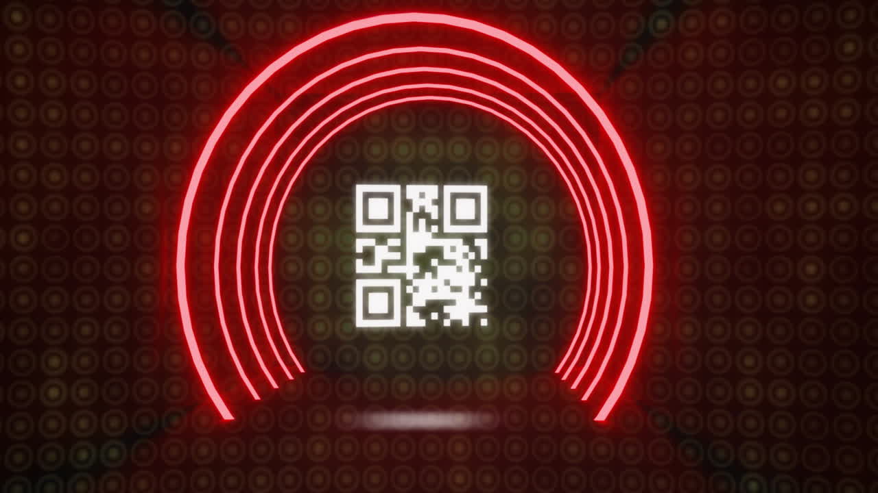 QR code framed by glowing red arches on digital animation background