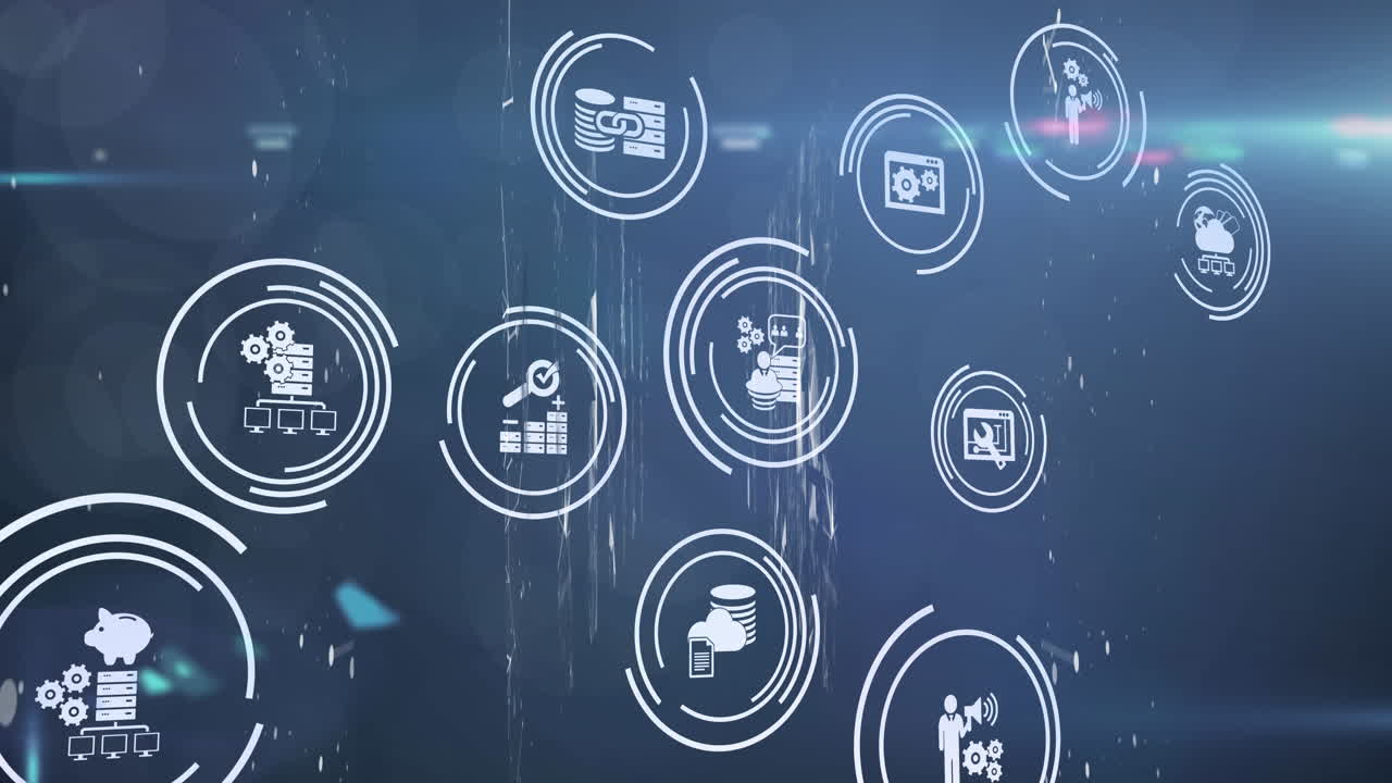 Multiple digital icons over light trails and light spots against blue background