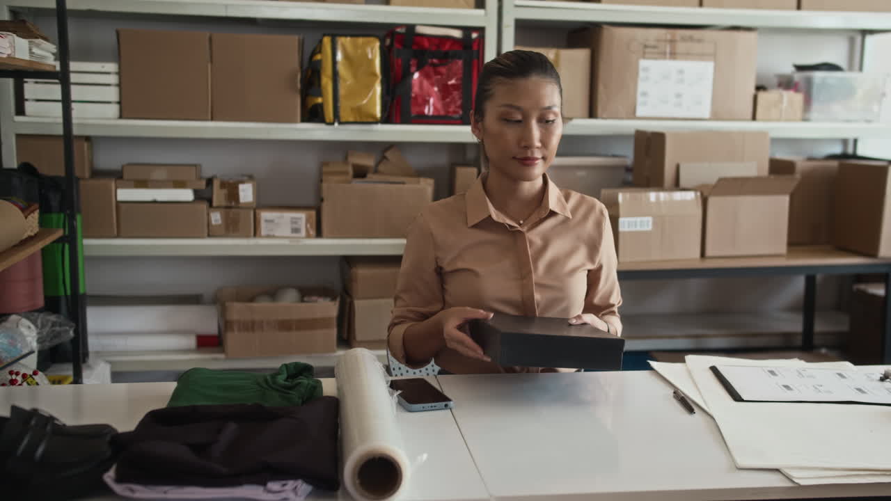 Online Store Worker Packing Clothes in Box before Shipping