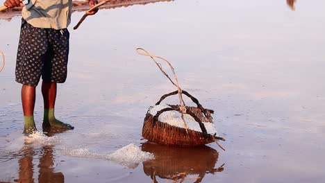 Low-section-of-a-Khmer-man-shoveling-salt-into-a-woven-basket-during-harvest-season-in-the-salt-farms-in-Kampot,-Cambodia