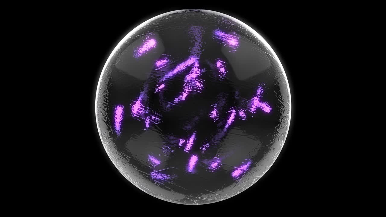 animación 3d de vidrio de esfera futurista. luces de neón moviéndose dentro de la pelota. patrón sin costuras con canal alfa.
