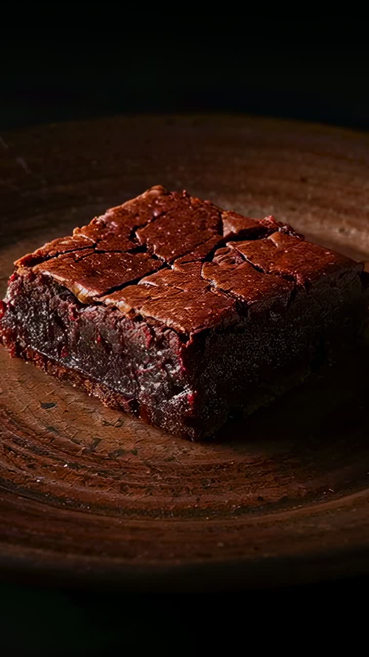 Vertikal video: Zoomende kameravinkel og skiftende lys som viser browniesjakk på bakteppe av treplate