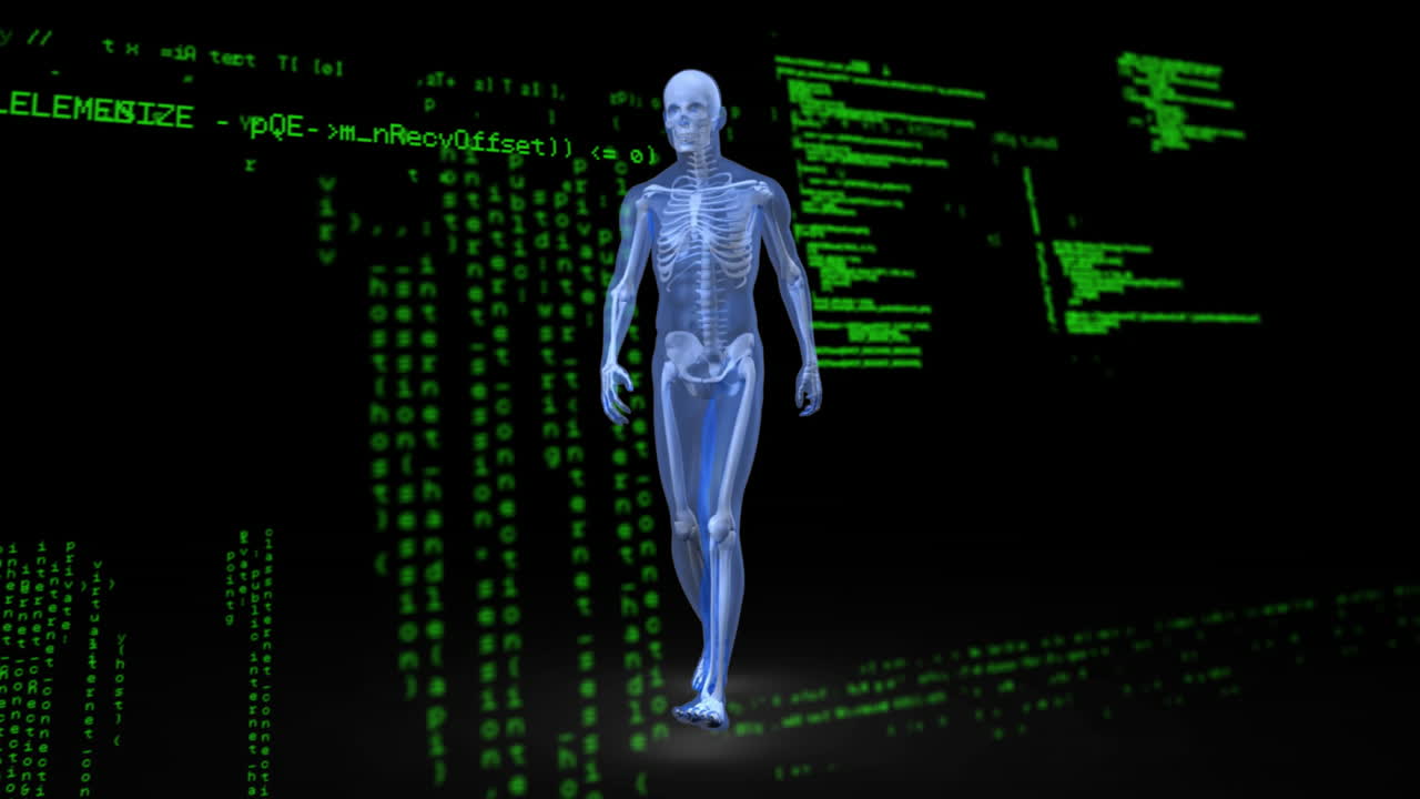 Human skeleton walking animation over green digital matrix background