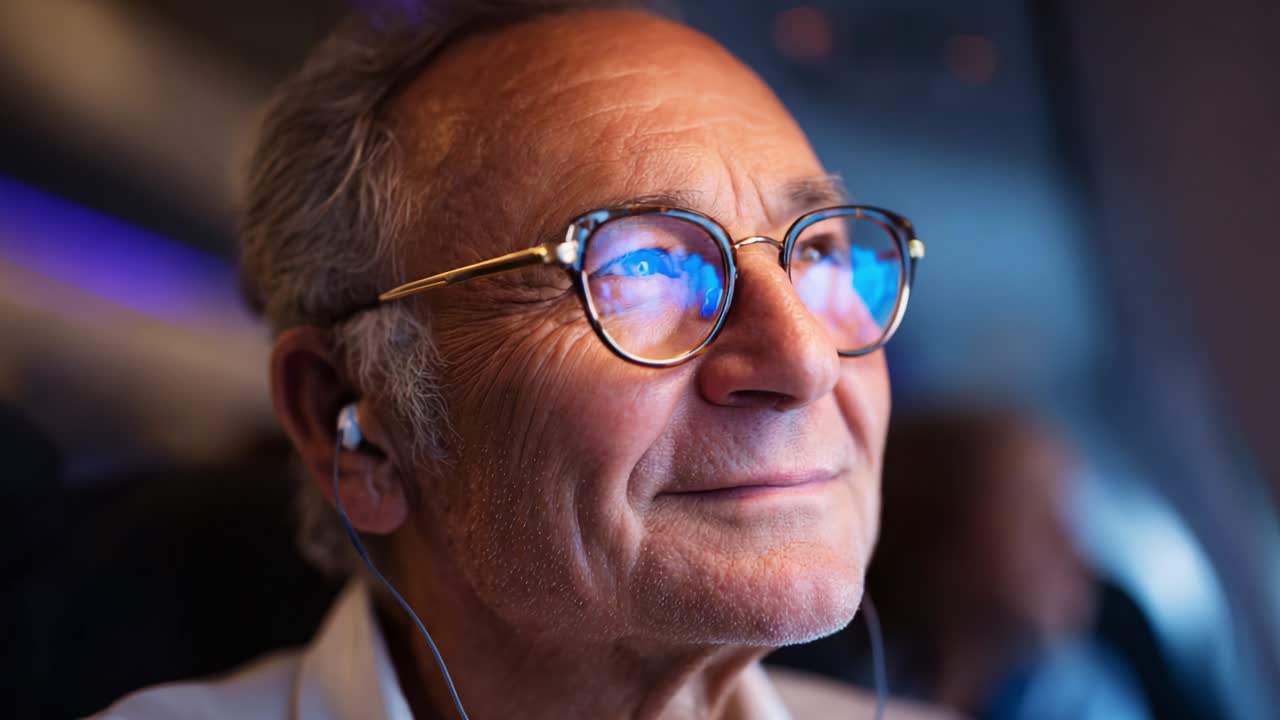 A thoughtful elder enjoying a moment of contemplation while gazing out a plane window, immersed in a personal audio experience that enhances the travel atmosphere and evokes a sense of peace and reflection