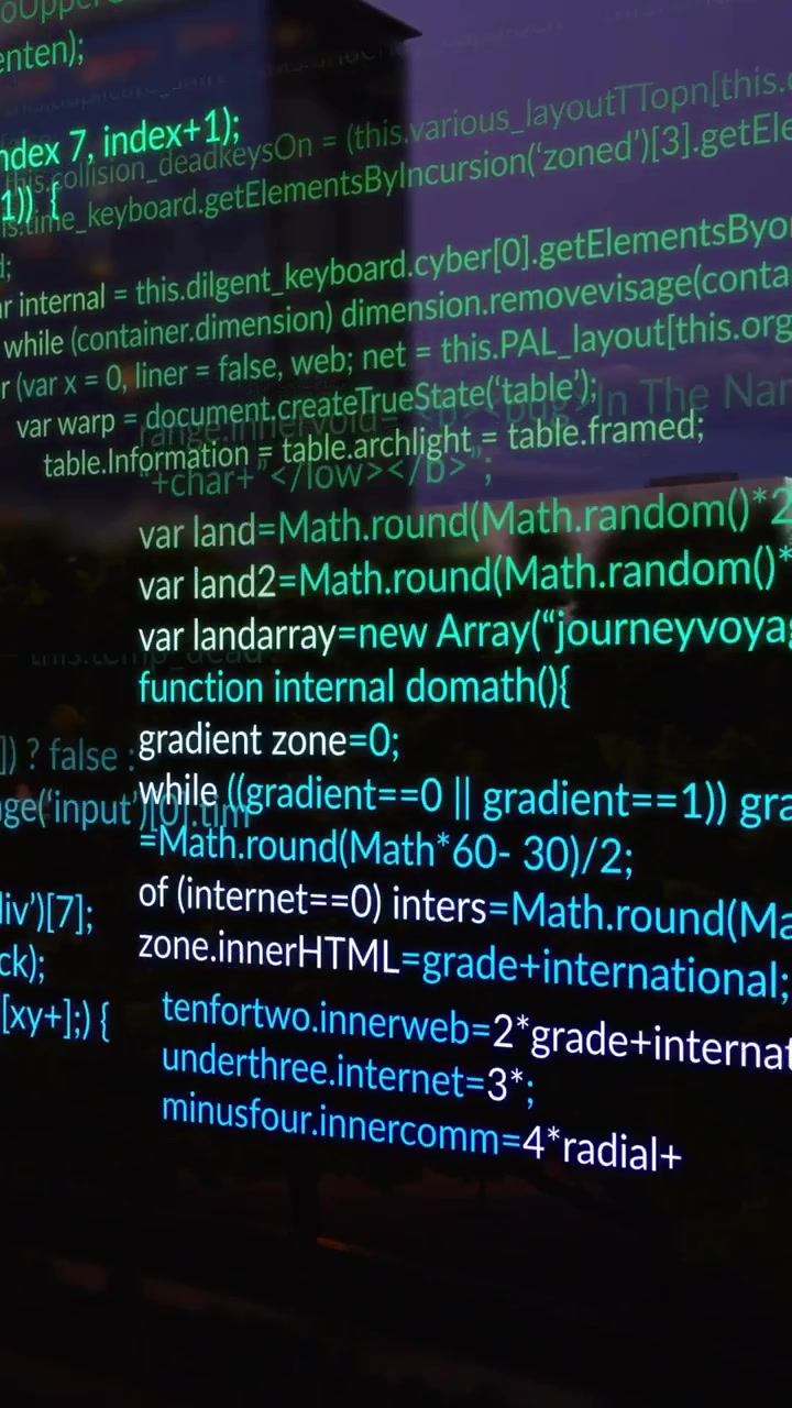 Vertical video: Dusk light starting code overlay on glass, scrolling, sharpening to show data flow
