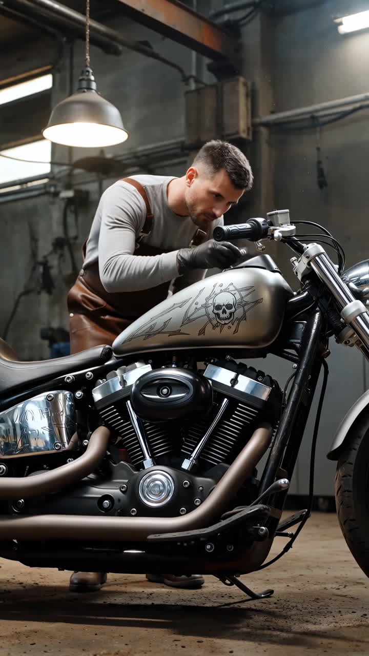 Uomo che lavora su una moto personalizzata in un'officina