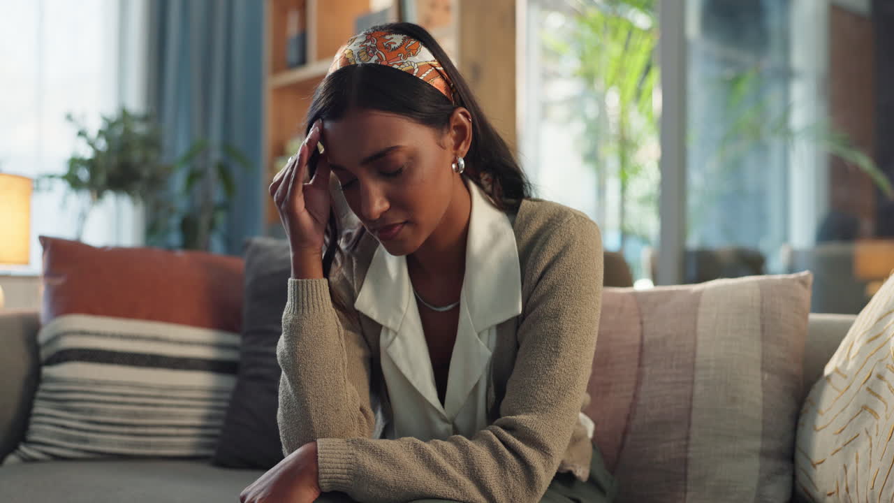 A stressed woman with a headache sitting on a couch