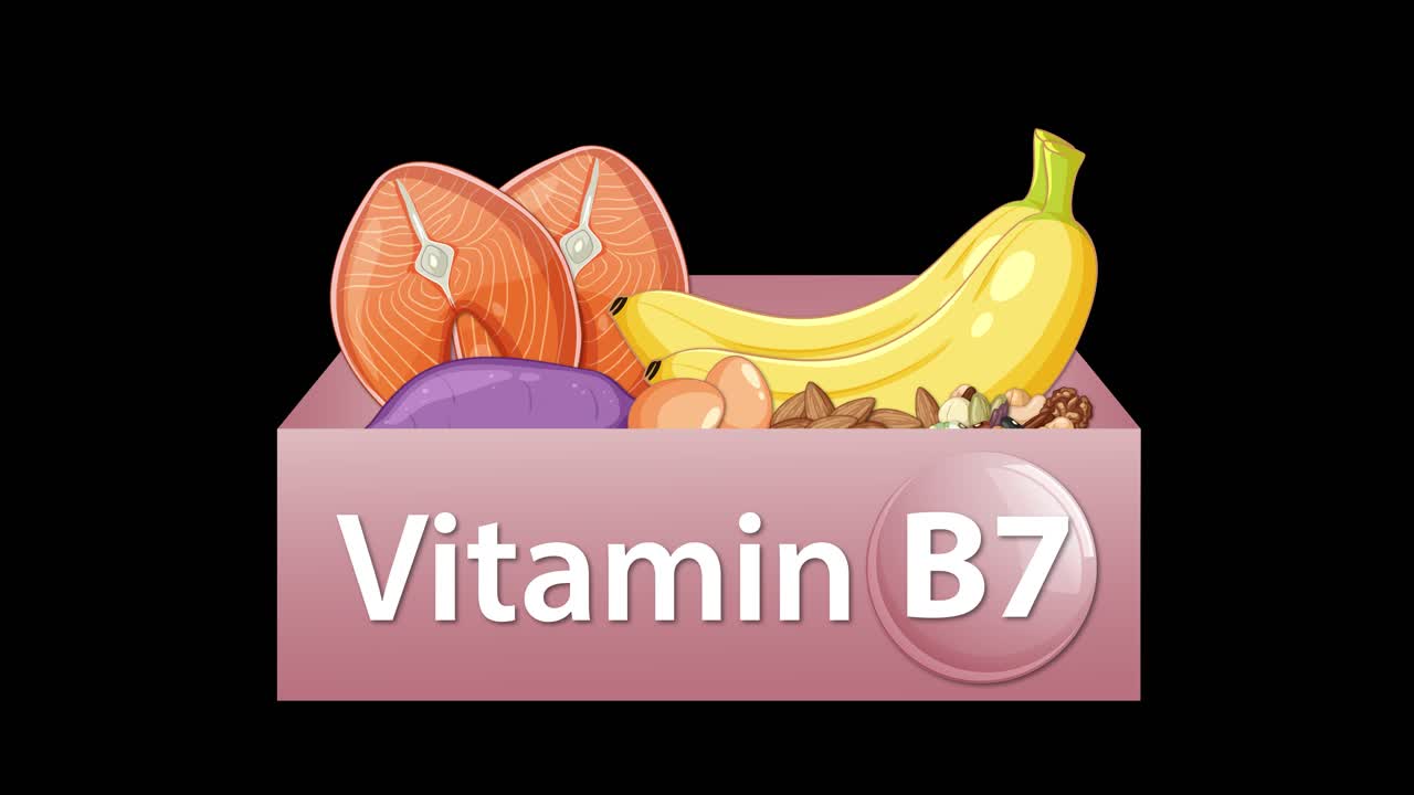 Scatola rosa di vitamina B7 piena di salmone, banana, noci e patate dolci su sfondo nero