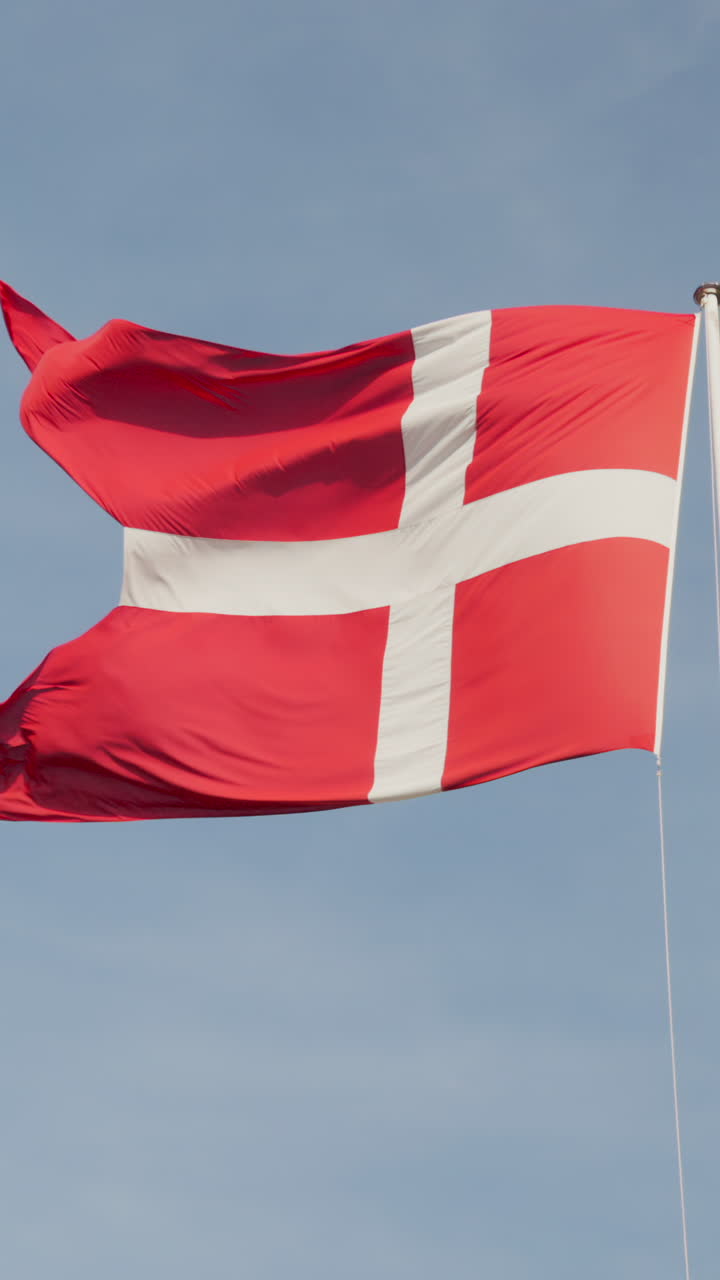 Nærbillede af det danske flag, der vajer over Kastellet i centrum af København. Lodret
