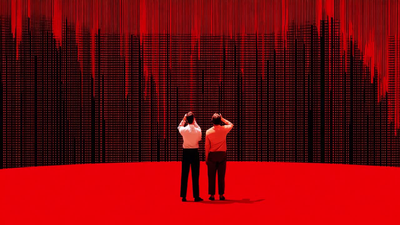 Two individuals stand in awe, gazing at a mesmerizing red digital display filled with cascading data, a striking contrast against the vibrant background, evoking emotion and curiosity