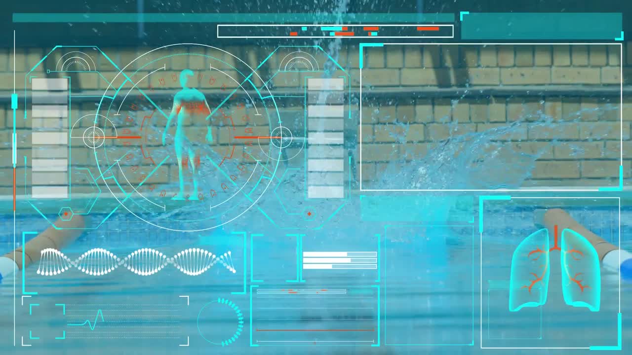 Medical digital interface against male swimmer jumping in the pool