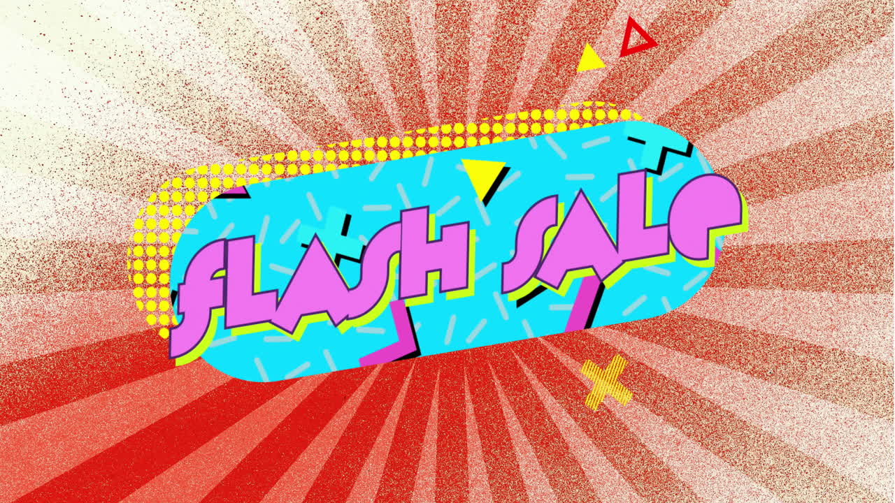 핑크색 글자, 파란색, 빨간색 줄무 배경으로 4k로 된 플래시 판매 애니메이션.