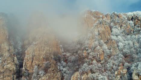 안개 속 의 겨울 산꼭대기
