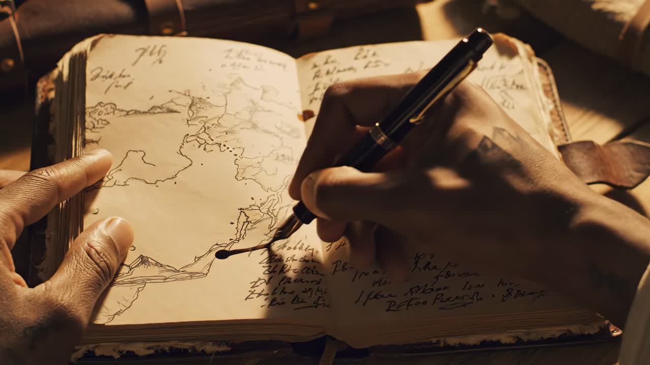An open book showing an old map and handwriting