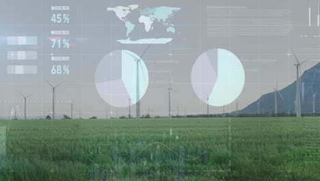 wind turbines in green field with data processing animation overlay