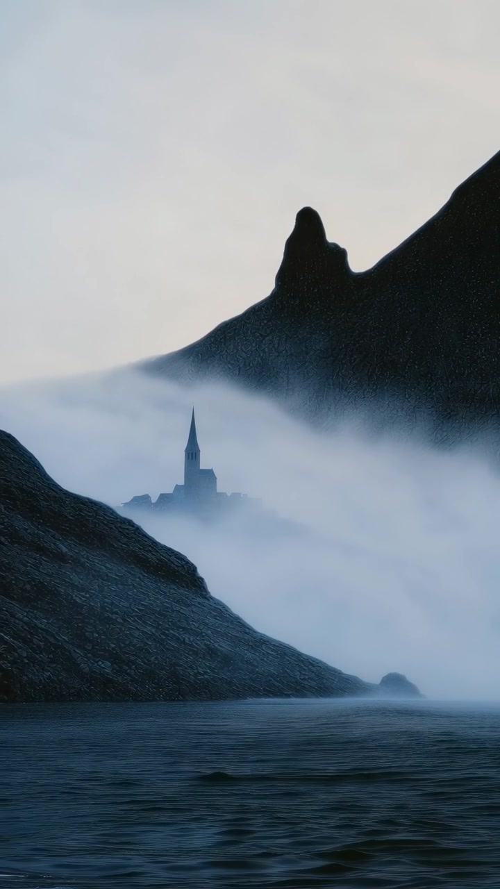Silhouette of a Coastal Church Surrounded by Thick Fog