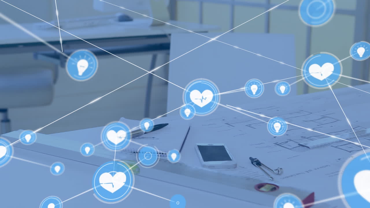 건축가들의 도면 위에 아이콘으로 연결된 네트워크의 애니메이션