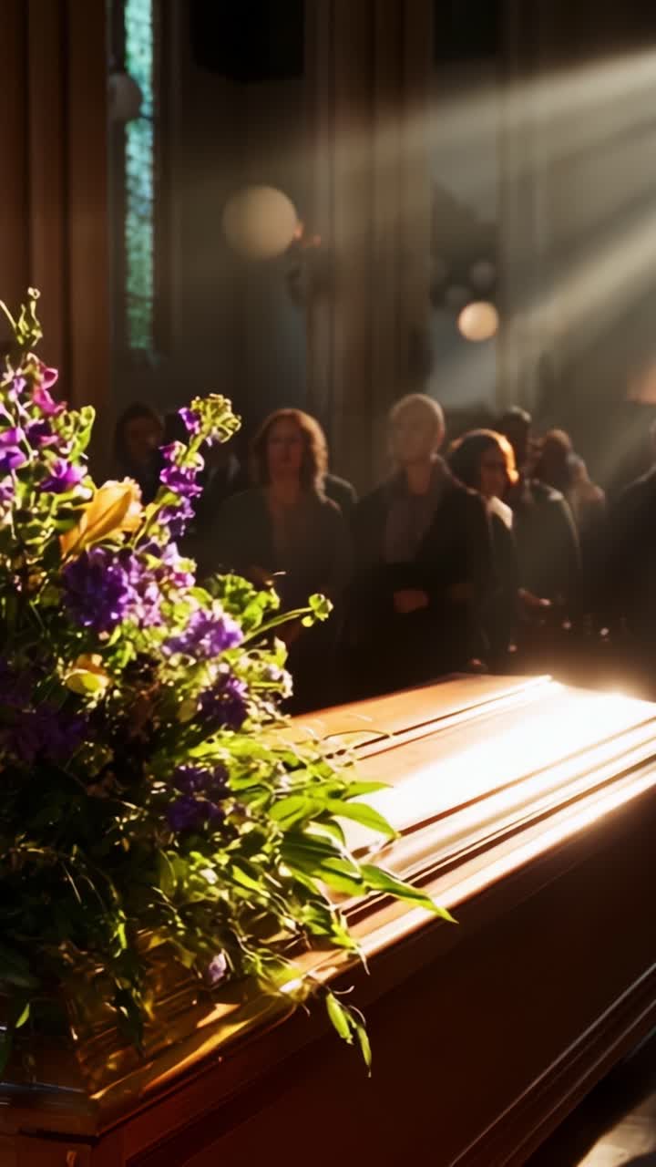 A Somber Farewell: Flowers Adorn a Casket as Friends and Family Gather in a Beautiful Sunlit Setting for a Heartfelt Commemoration of a Loved One's Life