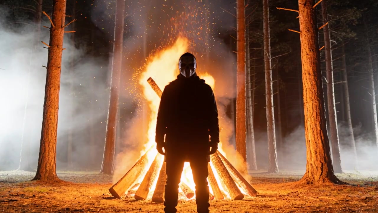 Homem em pé com máscara reflexiva observando uma fogueira flamejando em uma floresta de pinheiros à noite, com brasas subindo.