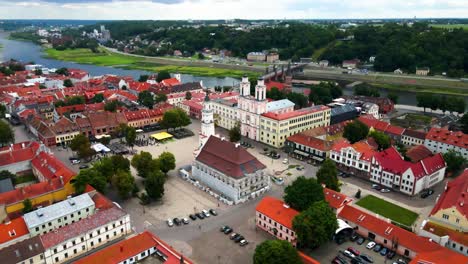 Drone-shot-over-Kaunas-old-town-with-a-view-of-the-Church-of-St