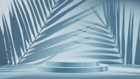 Ein-Minimalistisches-Blaues-Display-Für-Einen-Kosmetischen-Hintergrundproduktständer-Mit-Strandatmosphäre,-3D-Rendering-Und-3D-Illustrationsanimationsschleife