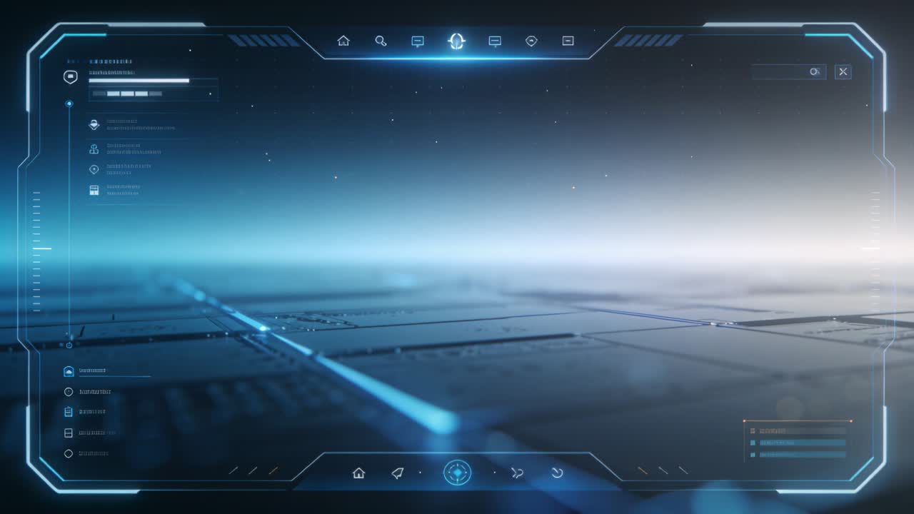 Brightening blue seam moving along grid toward center, HUD updating bars, left menu pulsing