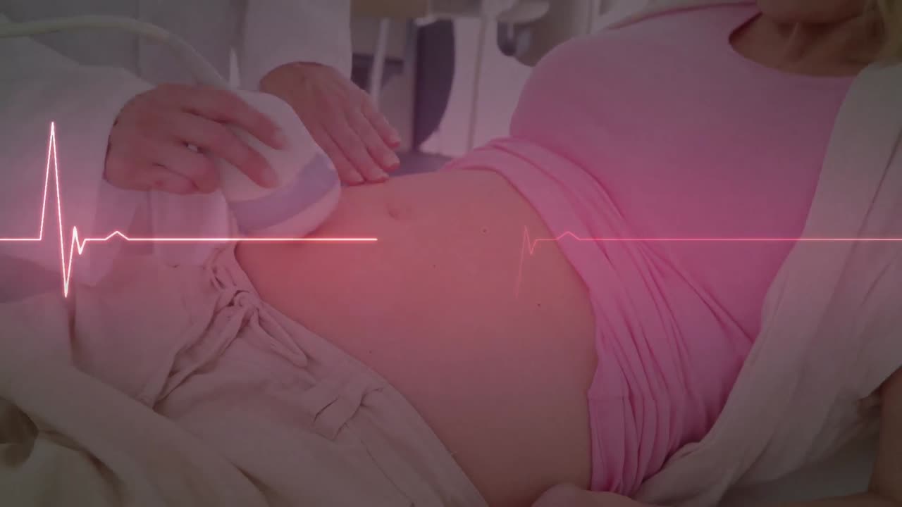 백인 여성 의사와 임산부 환자의 심장 박동 모니터가 초음파 스캔을 받고 있습니다.