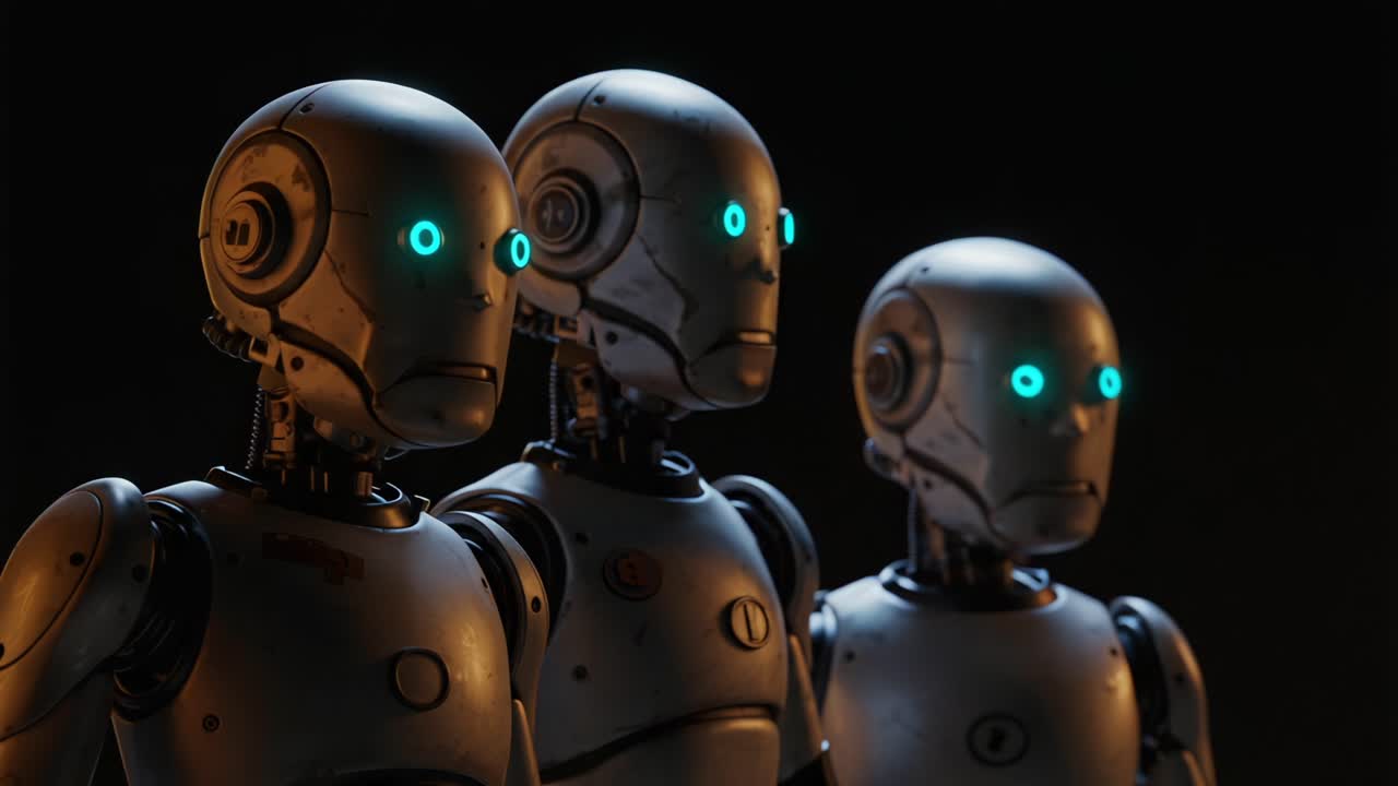 Three Futuristic Robots with Glowing Blue Eyes in a Dark Environment, Showcasing Advanced Robotics and Modern Technology in a Conceptual Setting
