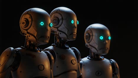 three futuristic robots with glowing blue eyes in a dark environment, showcasing advanced robotics and modern technology in a conceptual setting