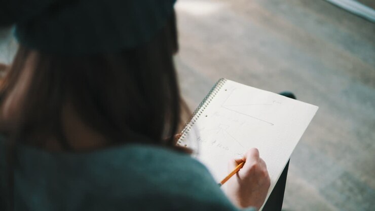 Closeup view of a female student taking notes during the lectures. View from the back. Shot in 4k.