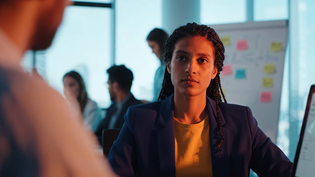 Reunião de Negócios Focada com uma Mulher Determinada em um Ambiente Profissional Iluminado por Luz Natural, Engajada em Discussão Estratégica com Colegas