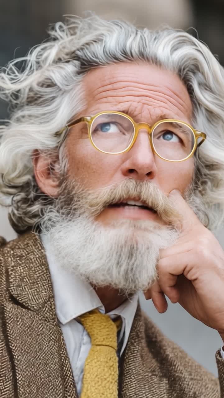 A Thoughtful Elderly Man with Distinctive Curly Hair and Glasses Contemplates Life's Questions, Reflecting Wisdom and Experience Against a Blurred Background