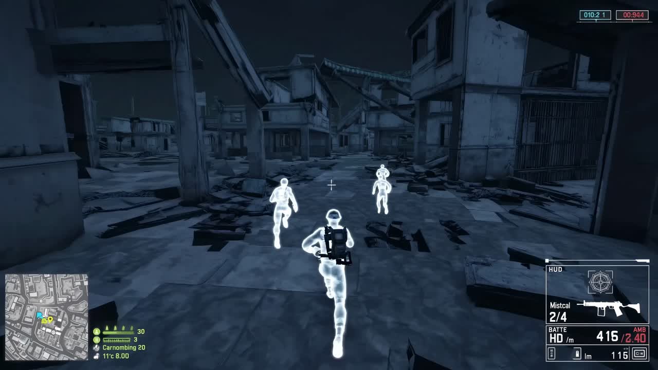 Soldiers running through destroyed urban area in video game