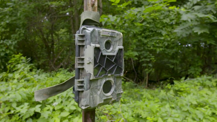 Shot of a trail camera attached to a t post