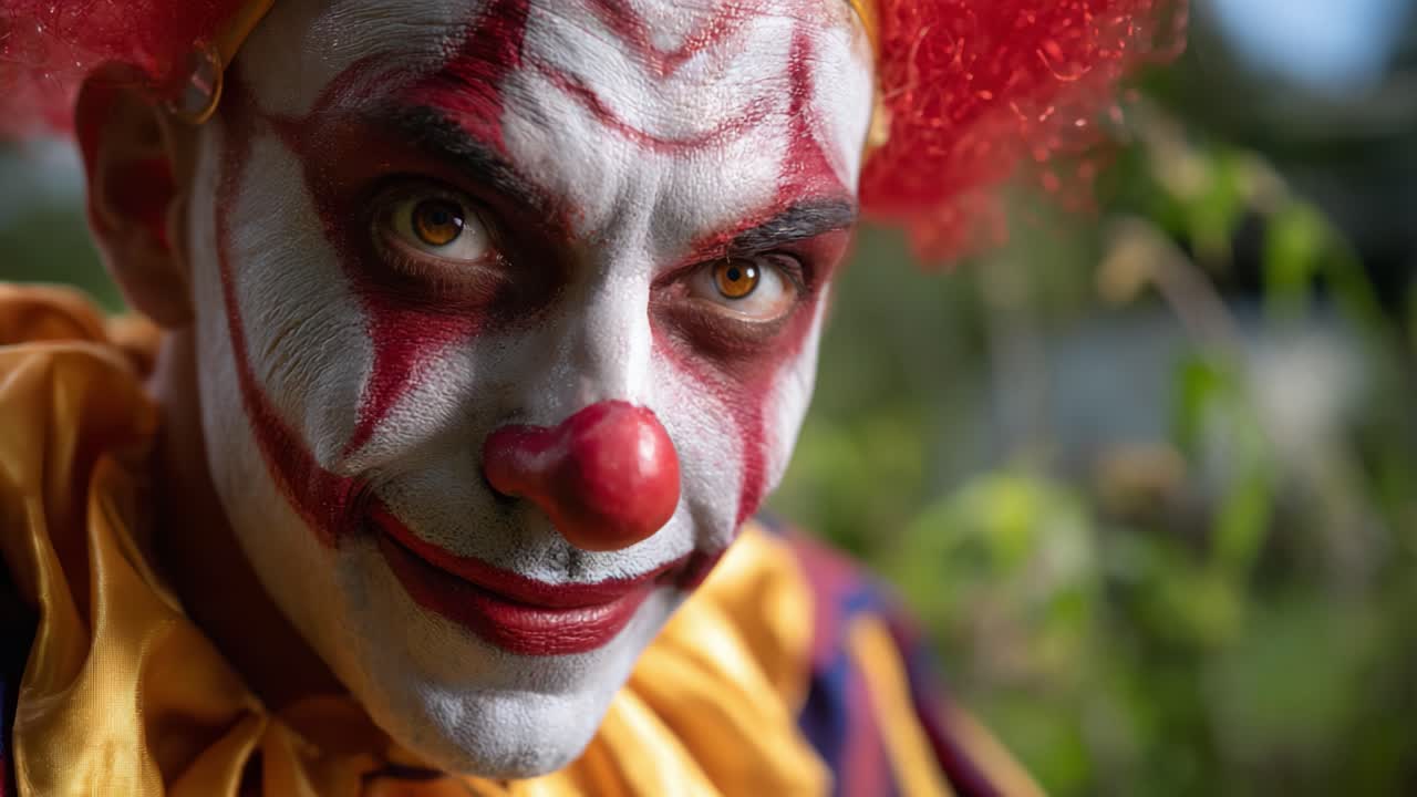 A captivating clown showcases vivid makeup and a playful expression, drawing attention with bold colors and a whimsical costume in a lively outdoor setting