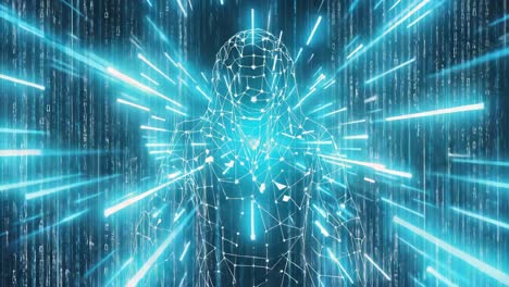 wireframe digital human figure in a cybernetic environment
