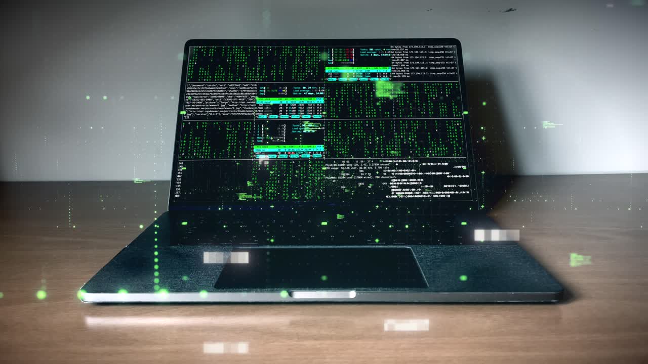 Laptop screen with matrix-style code and data processing in progress
