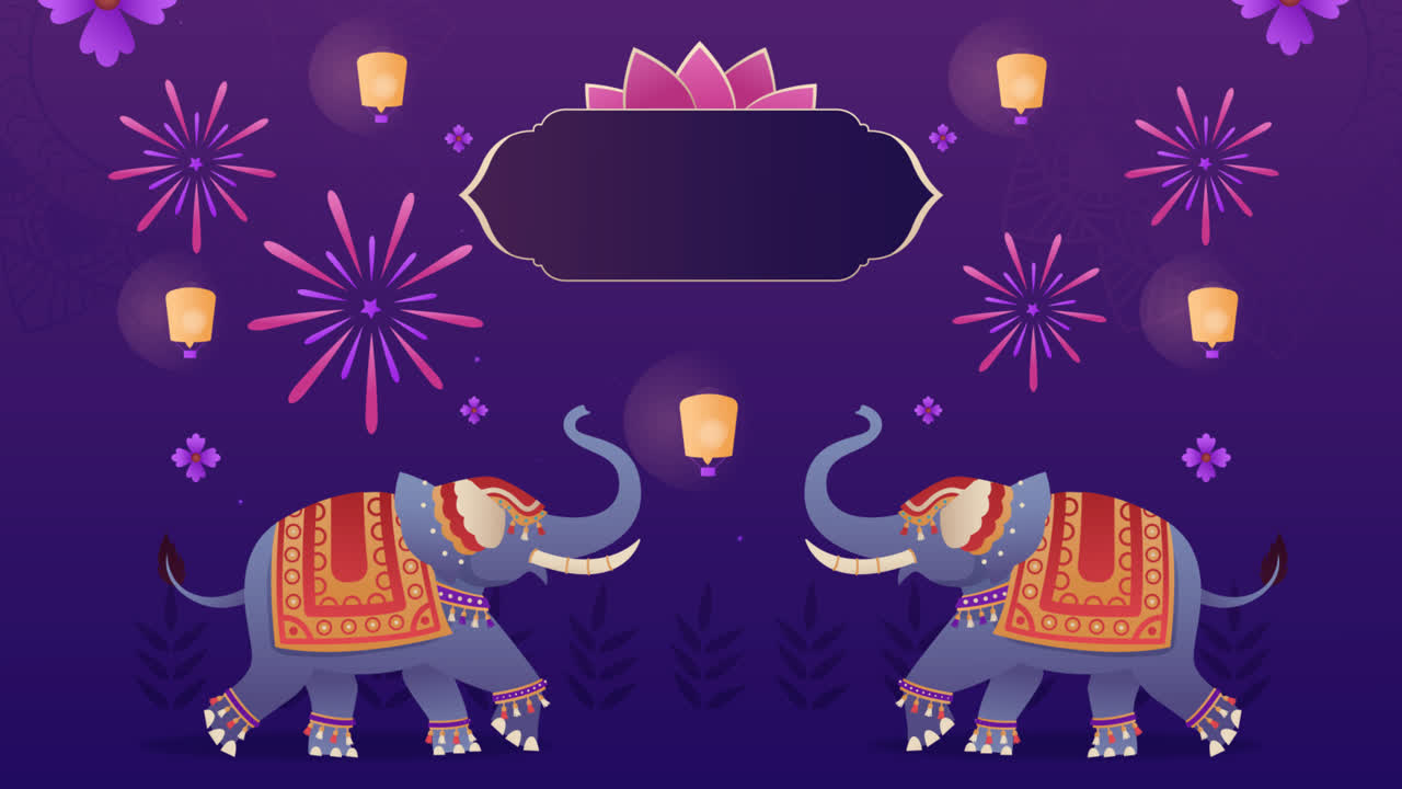 una animación de fondo de gradiente para la celebración del festival de diwali con elefantes y linternas