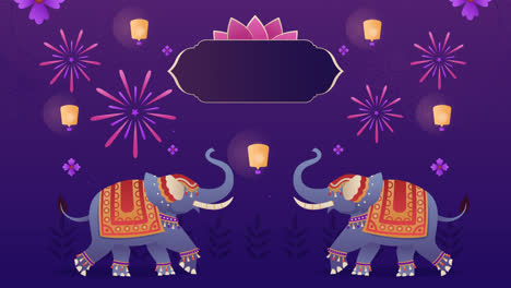 una animación de fondo de gradiente para la celebración del festival de diwali con elefantes y linternas