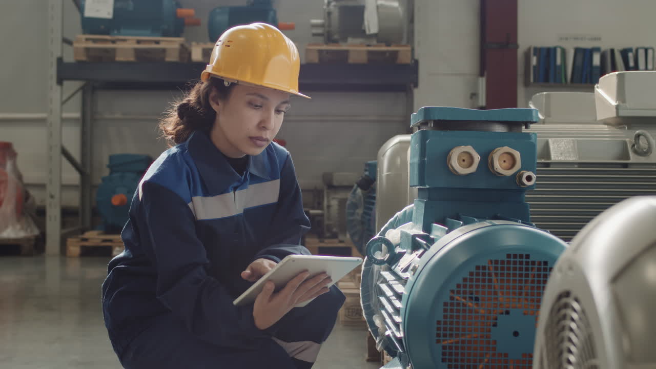 Female Plant Worker With Tablet Operating Machinery