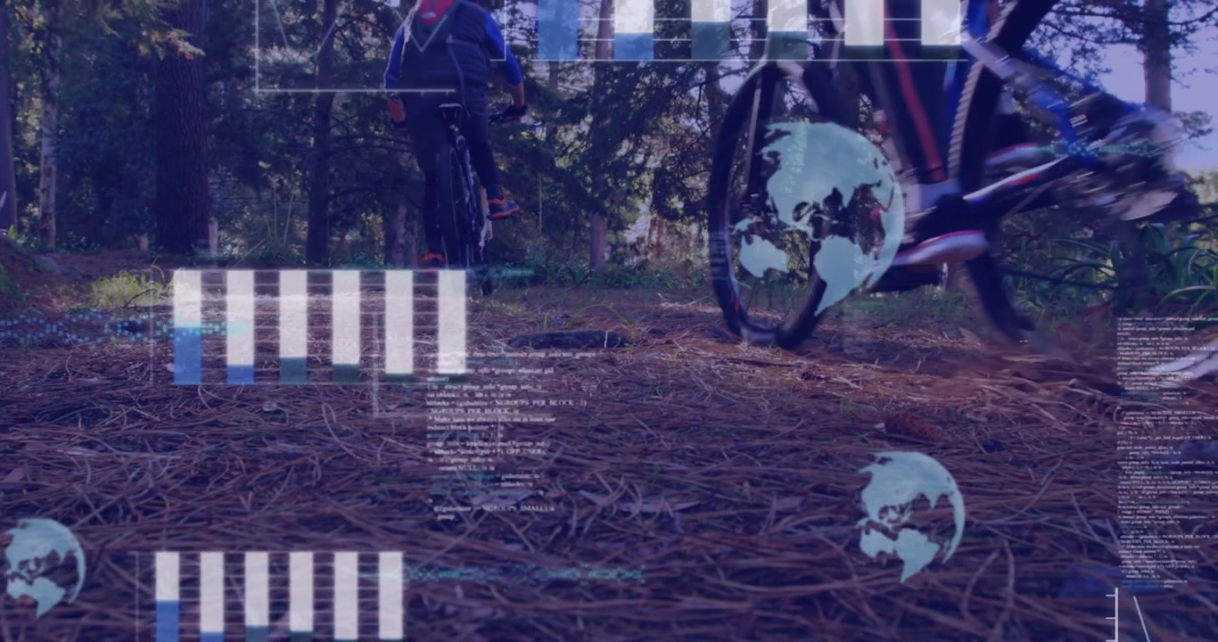 Two cyclists pedaling forest trail as graphics fading in, tech HUD tracking ride metrics