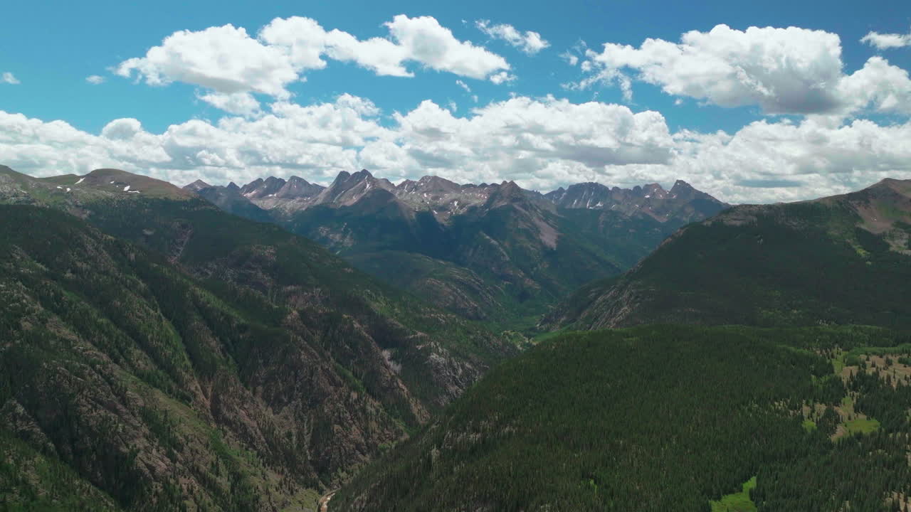 avión no tripulado cinematográfico de verano a gran altitud molas pasar silverton durango sur de colorado tarde en la mañana impresionante verde exuberante cielo azul parcialmente nublado montañas rocosas círculo a la izquierda movimiento