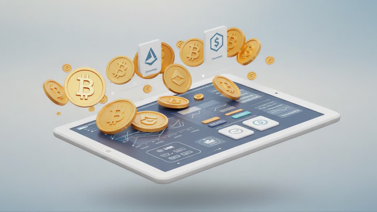 A Dynamic Tablet Displaying Cryptocurrency Trends with Floating Coins and Digital Tokens Representing Blockchain Innovations in a Modern Finance Setting