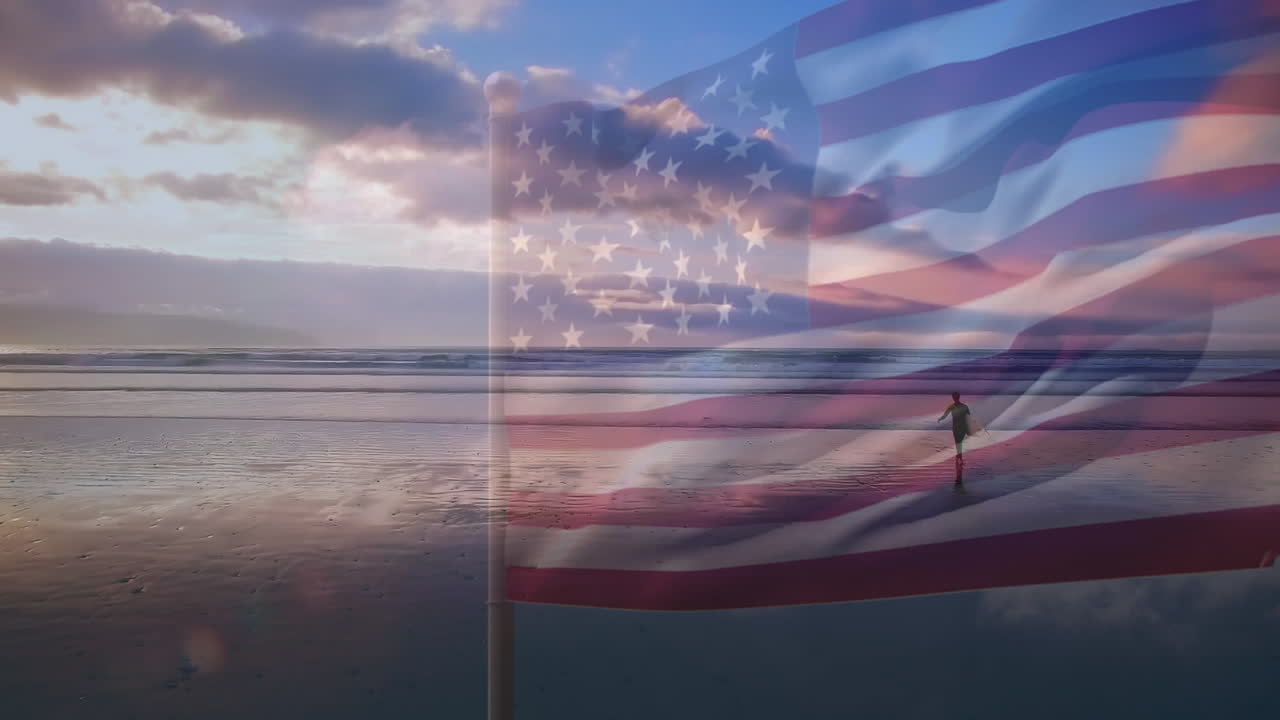 animación de la bandera de los estados unidos de américa soplando sobre la figura en la playa con un cielo azul nublado