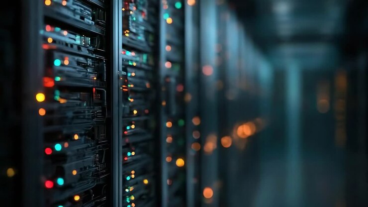 Close-up video of a server room with a focus on blinking lights, shot at eye level
