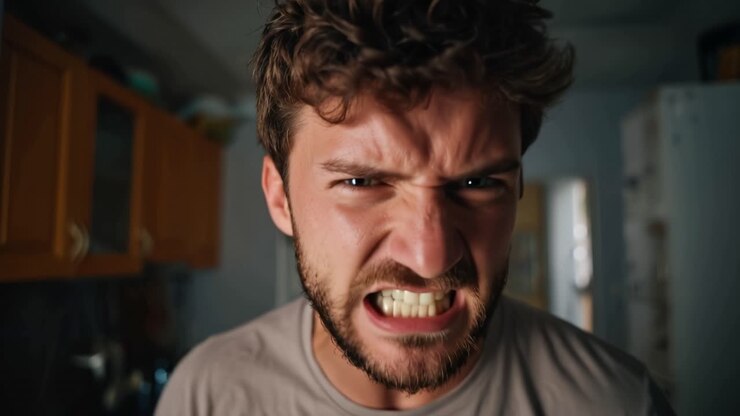 A man showcasing intense frustration and anger in a close-up shot, highlighting raw emotion and human expressiveness captured in a domestic setting
